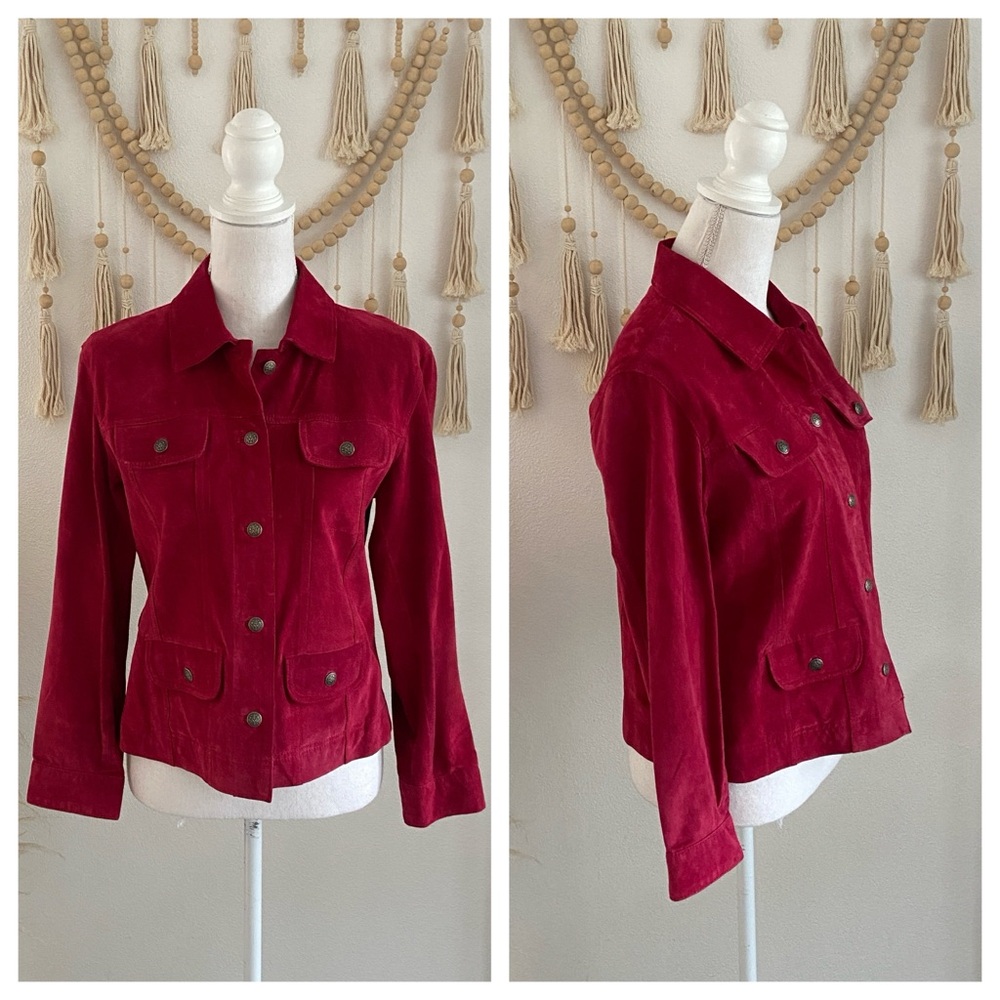 Chico’s maroon red suede leather jacket silver tone buttons vintage Chico’s 0